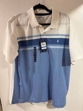 Izod White and Light Blue Striped Cotton Polo